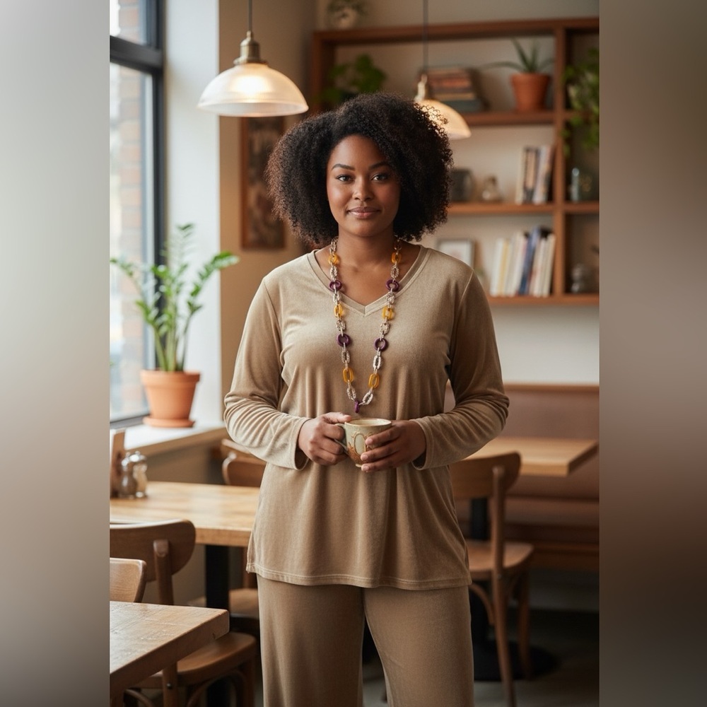 Roaman’s Women’s Plus Size Petite Large 2-PC Beige Brown Velour Pant Set